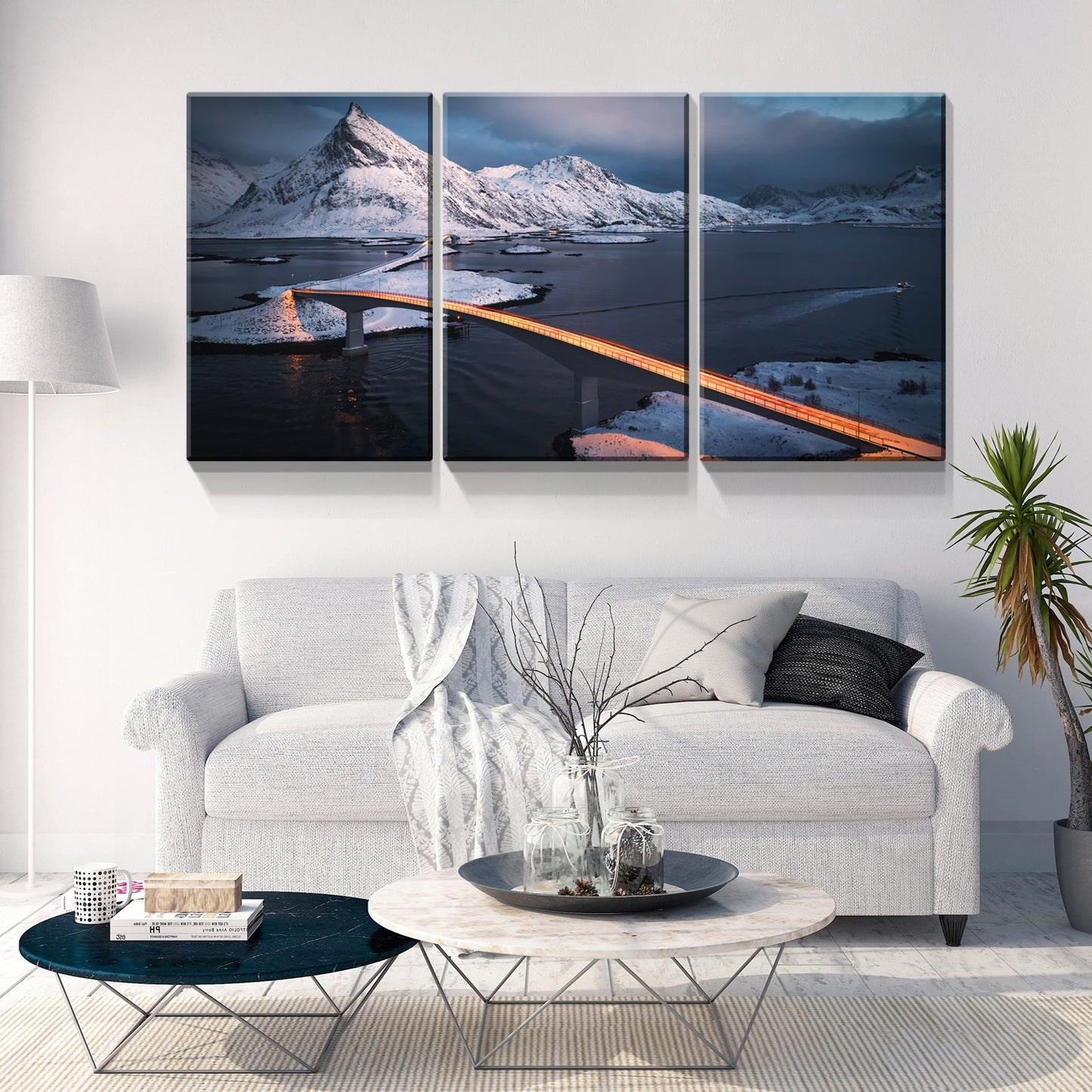 3 Panels Framed Bridge Above Ice Sea Canvas Wall Art Decor,3 Pieces Mordern Canvas Decoration Painting for Office,Dining room,Living room, Bedroom Decor-Ready to Hang