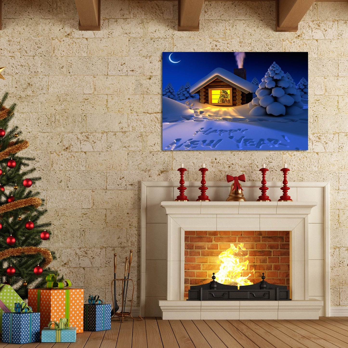 Framed Canvas Wall Art Decor Painting For New Year, Happy New Year on Snow Gift Painting For New Year Gift, Decoration For Chrismas Eve Office Living Room, Bedroom Decor-Ready To Han