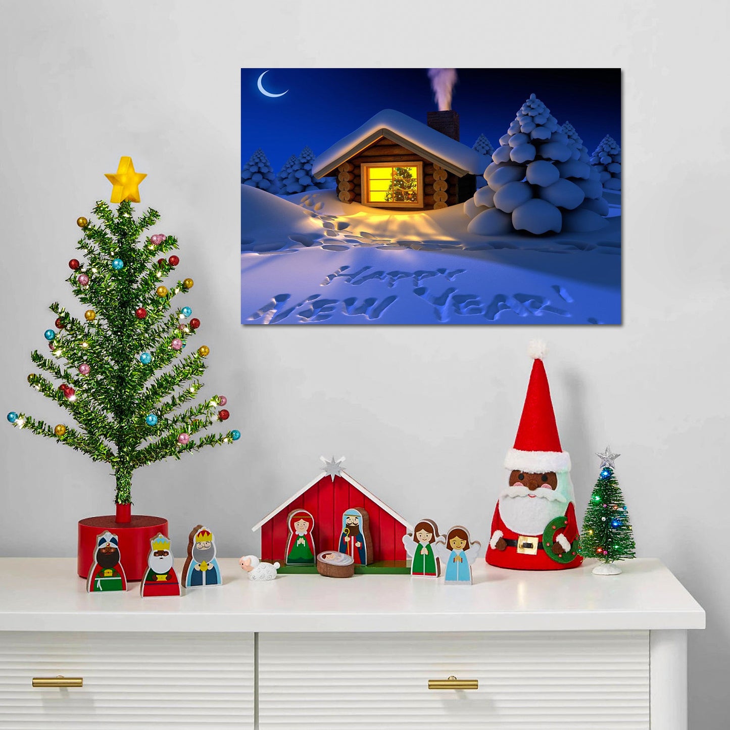 Framed Canvas Wall Art Decor Painting For New Year, Happy New Year on Snow Gift Painting For New Year Gift, Decoration For Chrismas Eve Office Living Room, Bedroom Decor-Ready To Han