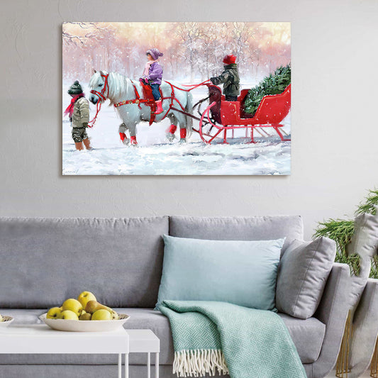 Framed Canvas Wall Art Decor Painting For Chrismas, White Horse with Sledge Chrismas Gift Painting For Chrismas Gift, Decoration For Chrismas Eve Living Room, Bedroom Decor-2418in-Thickness 1.5inch