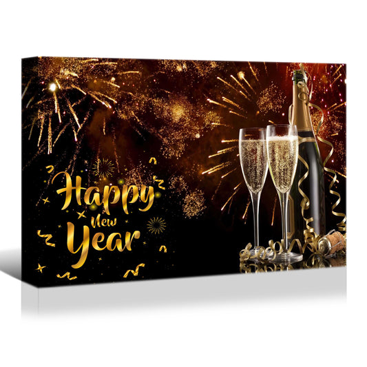 Framed Canvas Wall Art Decor Painting For New Year, Golden Happy New Year Bless Champagne Gift Painting For New Year, Decoration For Chrismas Eve Living Room, Bedroom Decor-4028in-thickness 1.5inch