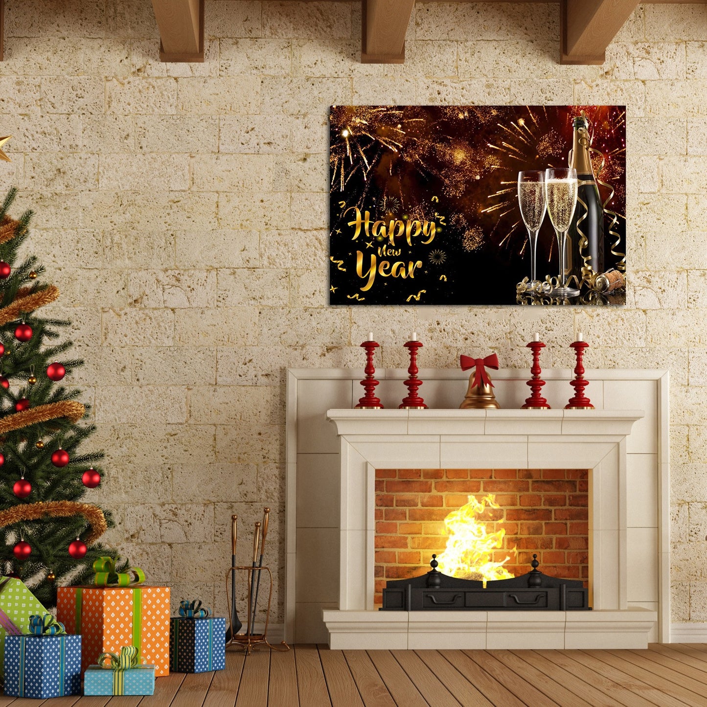 Framed Canvas Wall Art Decor Painting For New Year, Golden Happy New Year Bless Champagne Gift Painting For New Year, Decoration For Chrismas Eve Living Room, Bedroom Decor-4028in-thickness 1.5inch