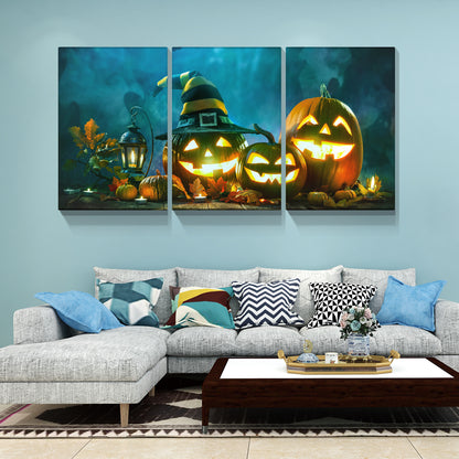 3 Panel Happy Halloween Canvas Prints Pumpkin Lantern Wall Art for Bedroom Living Room Paintings Canvas Prints Festival Gift Stretched and Framed Ready to Hang-2432Inch-Thickness 1.5inch