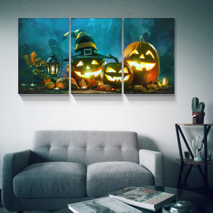 3 Panel Happy Halloween Canvas Prints Pumpkin Lantern Wall Art for Bedroom Living Room Paintings Canvas Prints Festival Gift Stretched and Framed Ready to Hang-2432Inch-Thickness 1.5inch