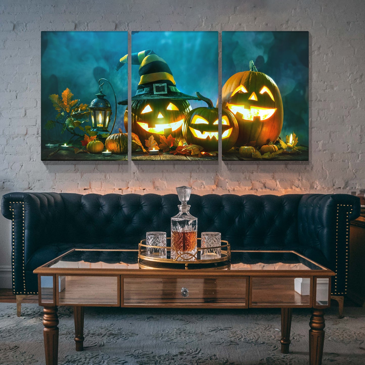 3 Panel Happy Halloween Canvas Prints Pumpkin Lantern Wall Art for Bedroom Living Room Paintings Canvas Prints Festival Gift Stretched and Framed Ready to Hang-2432Inch-Thickness 1.5inch