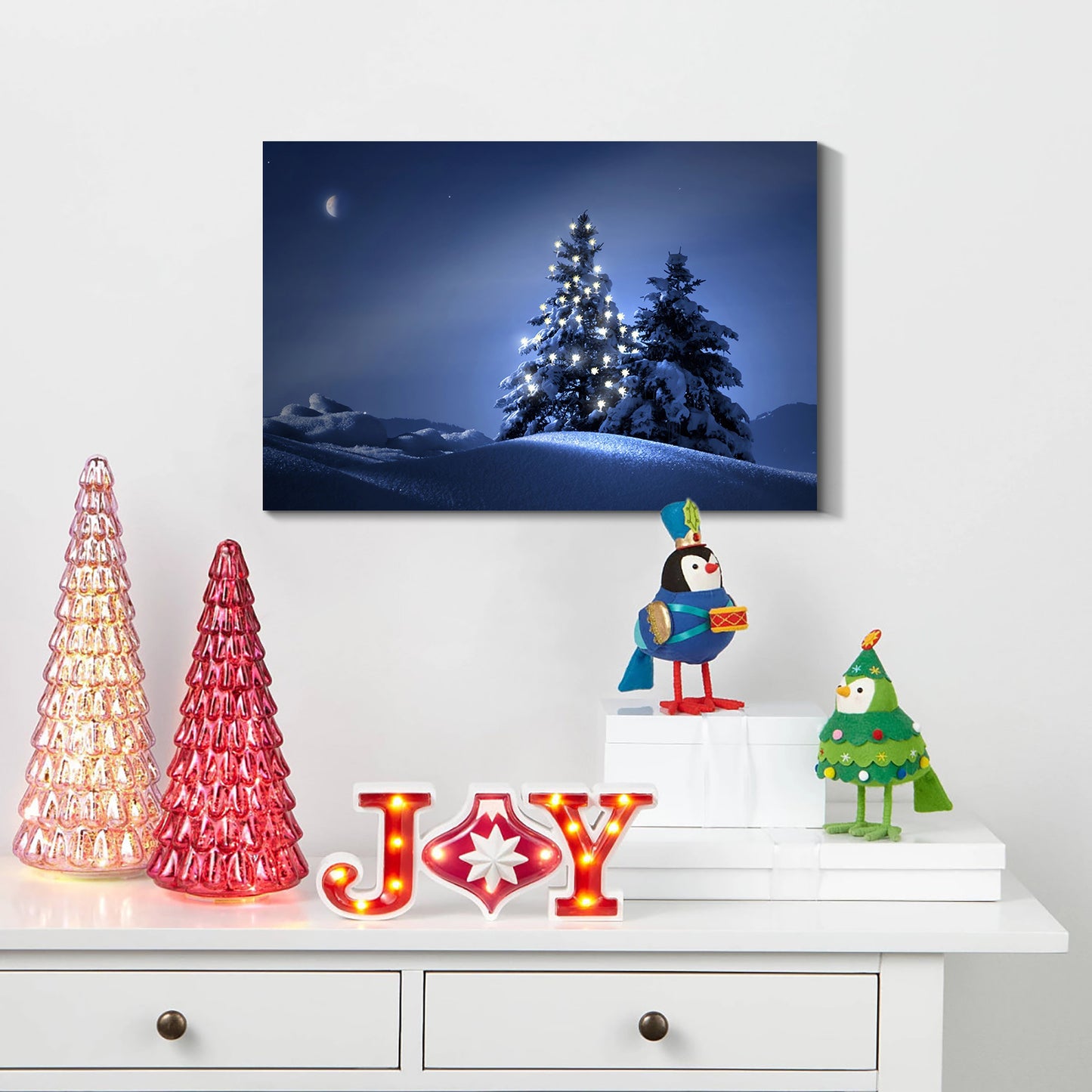 Framed Canvas Wall Art Decor Painting For Chrismas, Lighted Pine Tree at Night Chrismas Gift Painting For Chrismas Decoration For Chrismas Eve Living Room, Bedroom Decor-4028in-Thickness 1.5inch