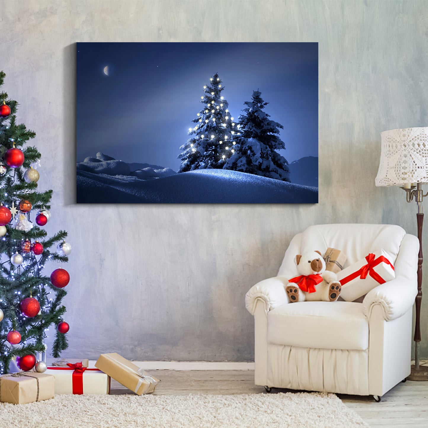 Framed Canvas Wall Art Decor Painting For Chrismas, Lighted Pine Tree at Night Chrismas Gift Painting For Chrismas Decoration For Chrismas Eve Living Room, Bedroom Decor-4028in-Thickness 1.5inch