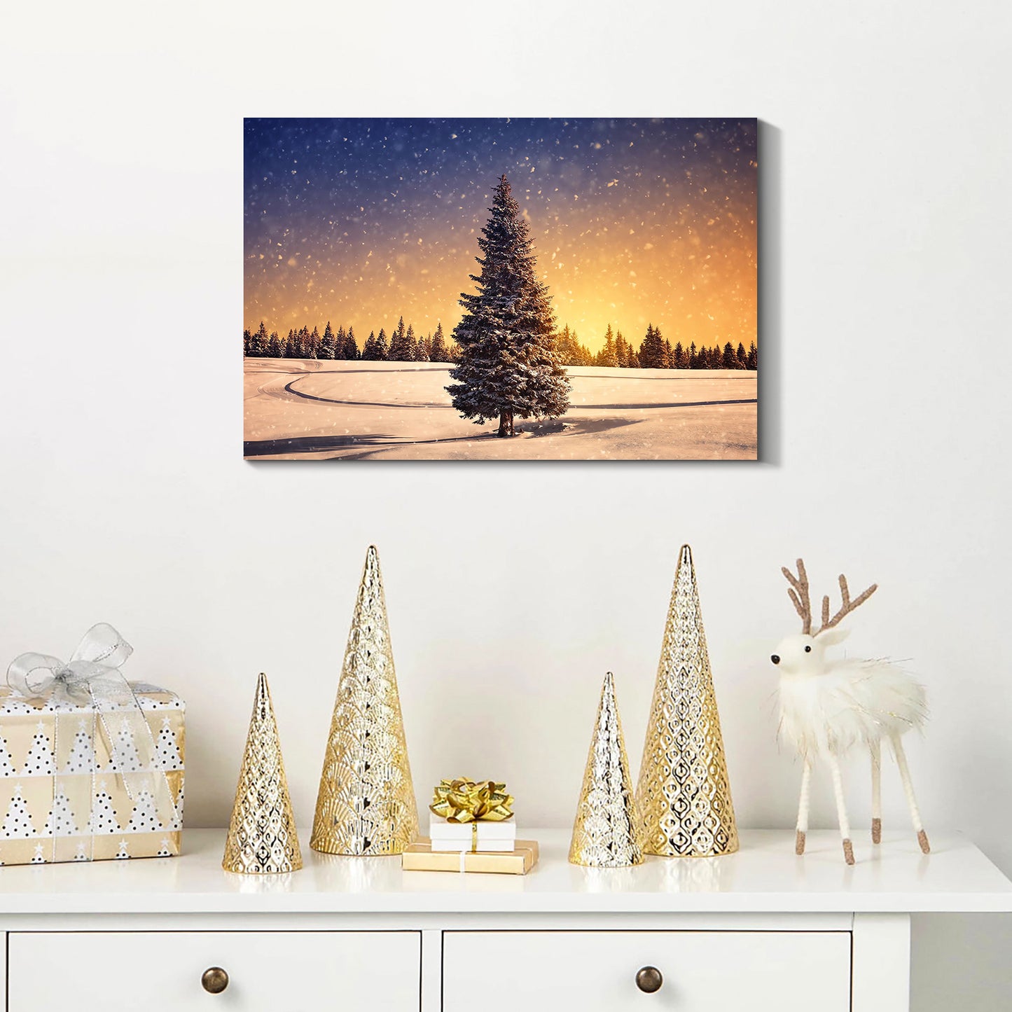 Framed Canvas Wall Art Decor Painting For Chrismas, Chrismas Tree in Dawn Chrismas Gift Painting For Chrismas , Decoration For Chrismas Eve Living Room, Bedroom Decor-2418in-Thickness 1.5inch