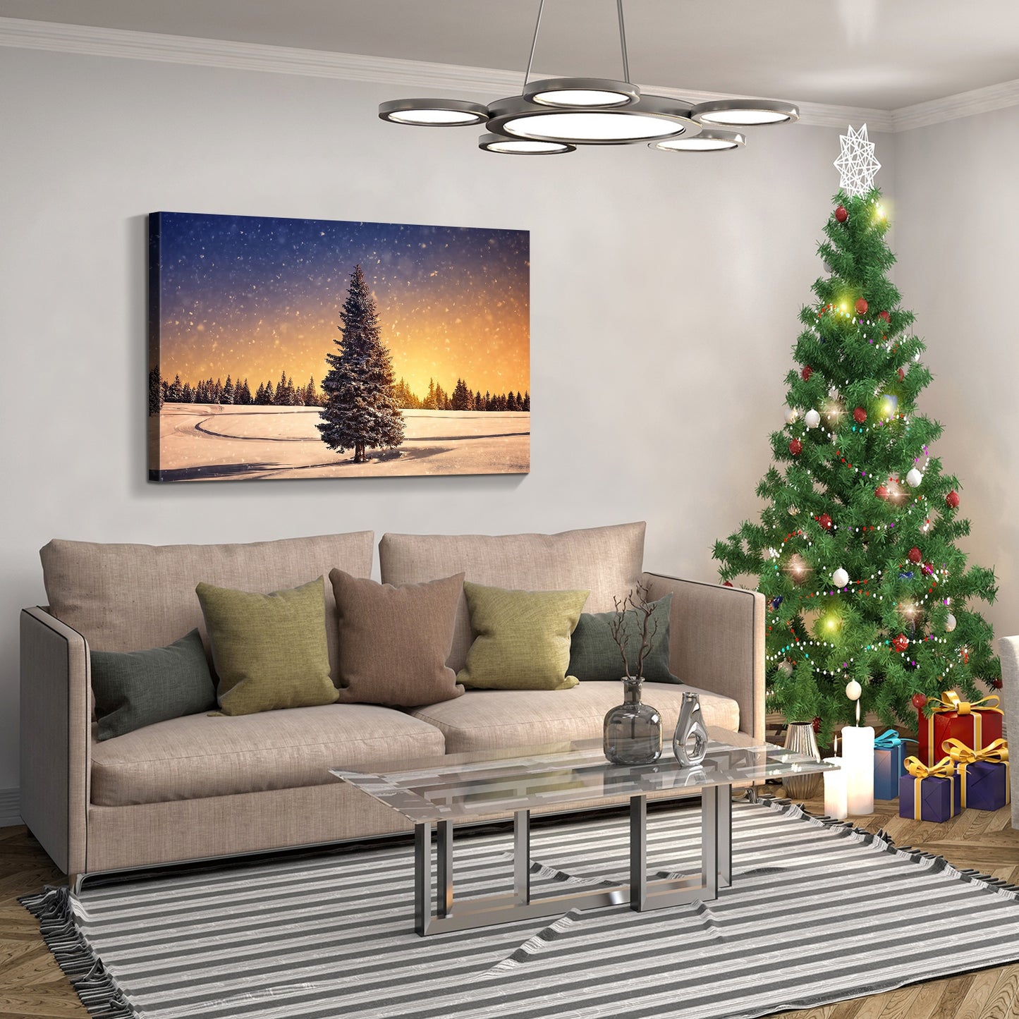 Framed Canvas Wall Art Decor Painting For Chrismas, Chrismas Tree in Dawn Chrismas Gift Painting For Chrismas , Decoration For Chrismas Eve Living Room, Bedroom Decor-2418in-Thickness 1.5inch