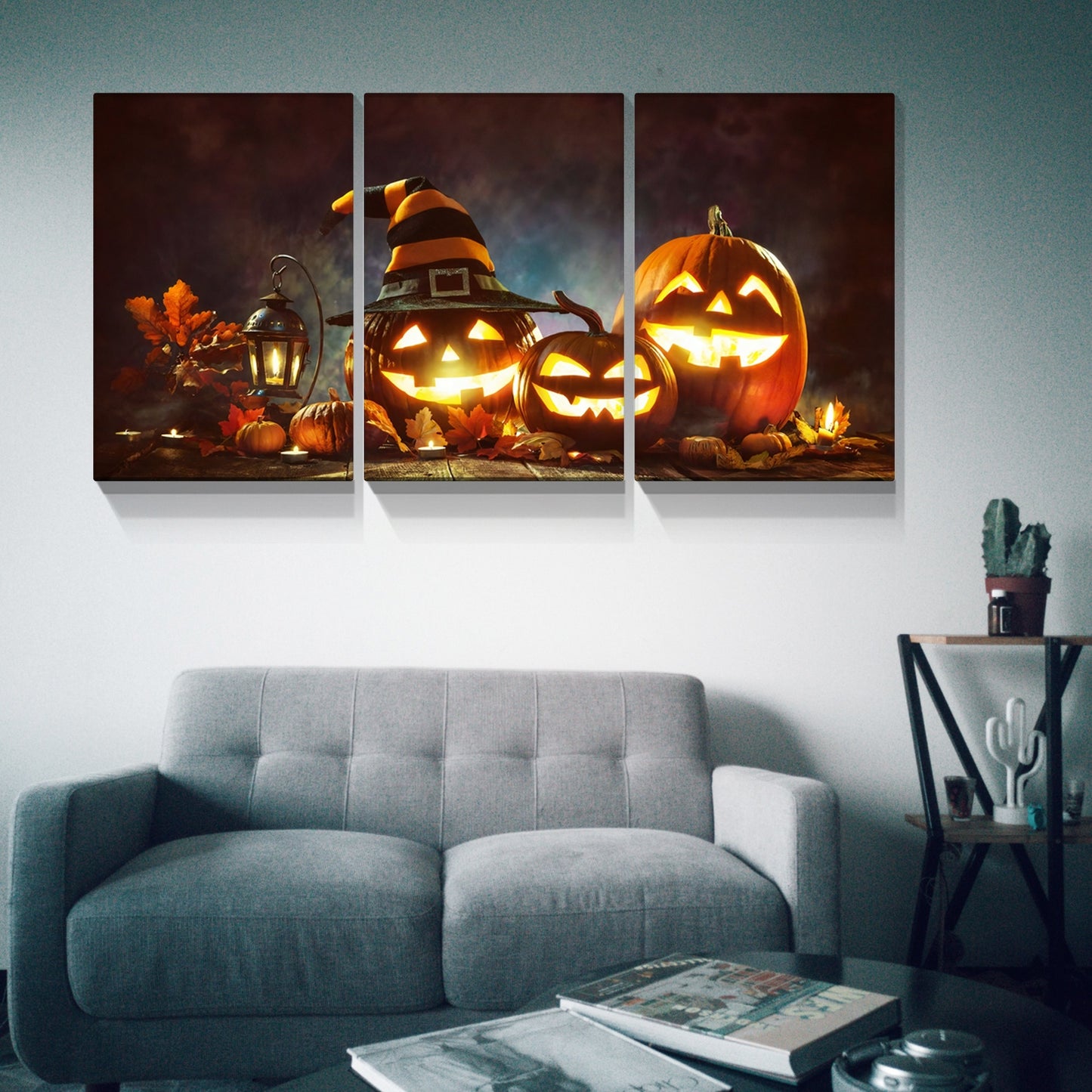 3 Piece Canvas Wall Art Halloween Pumpkin Lantern Painting Artwork for Home Wall Decor,Stretched and Framed Ready to Hang 2432inch Thickness 1.5inch