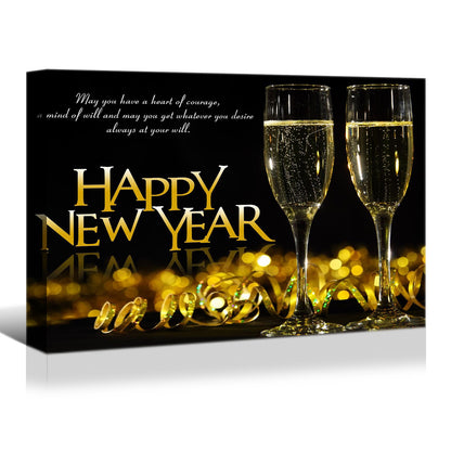 Framed Canvas Wall Art Decor Painting For New Year, Golden Happy New Year Bless Champagne Gift Painting For New Year For Chrismas Eve Office Living Room, Bedroom Decor-2418in-Thickness 1.5inch