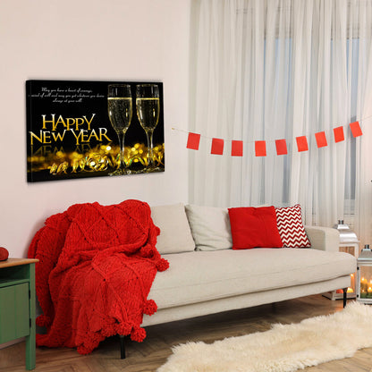 Framed Canvas Wall Art Decor Painting For New Year, Golden Happy New Year Bless Champagne Gift Painting For New Year For Chrismas Eve Office Living Room, Bedroom Decor-2418in-Thickness 1.5inch