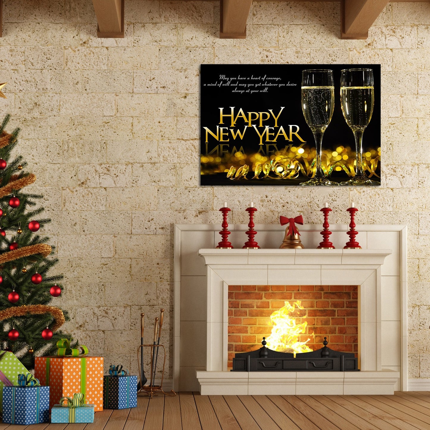 Framed Canvas Wall Art Decor Painting For New Year, Golden Happy New Year Bless Champagne Gift Painting For New Year For Chrismas Eve Office Living Room, Bedroom Decor-2418in-Thickness 1.5inch