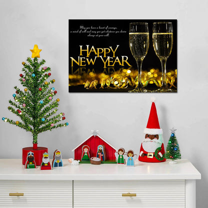 Framed Canvas Wall Art Decor Painting For New Year, Golden Happy New Year Bless Champagne Gift Painting For New Year For Chrismas Eve Office Living Room, Bedroom Decor-2418in-Thickness 1.5inch