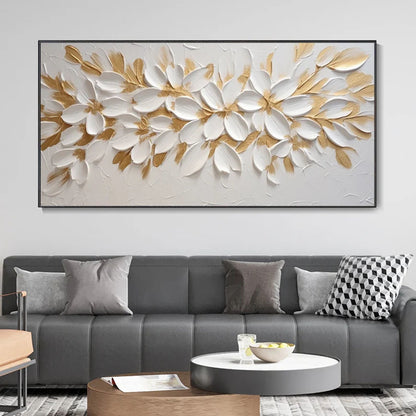 Handmade Oil Painting Gold Foil Flower Knife Canvas Painting Abstract Blooming White Floral Modern Light Luxury Texture Art Premium Home Wall Decor Minimalist