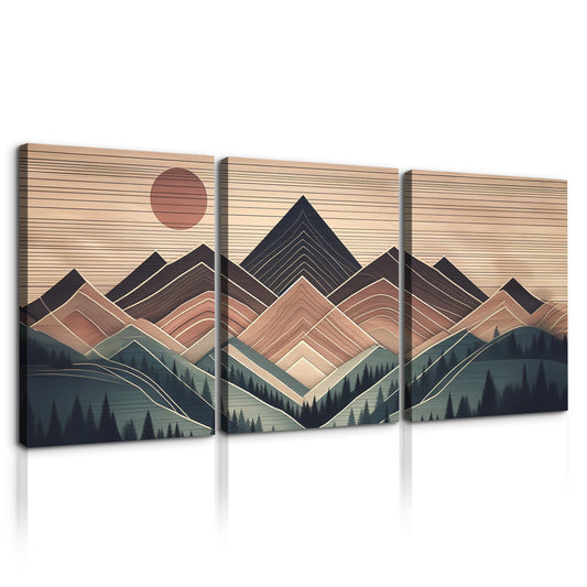 3 Panels Framed Abstract Wood Grain Boho Style Mountain & Forest Canvas Wall Art Decor,3 Pieces Mordern Canvas Decoration Painting for Office,Dining room,Living room, Bedroom Decor-Ready to Hang