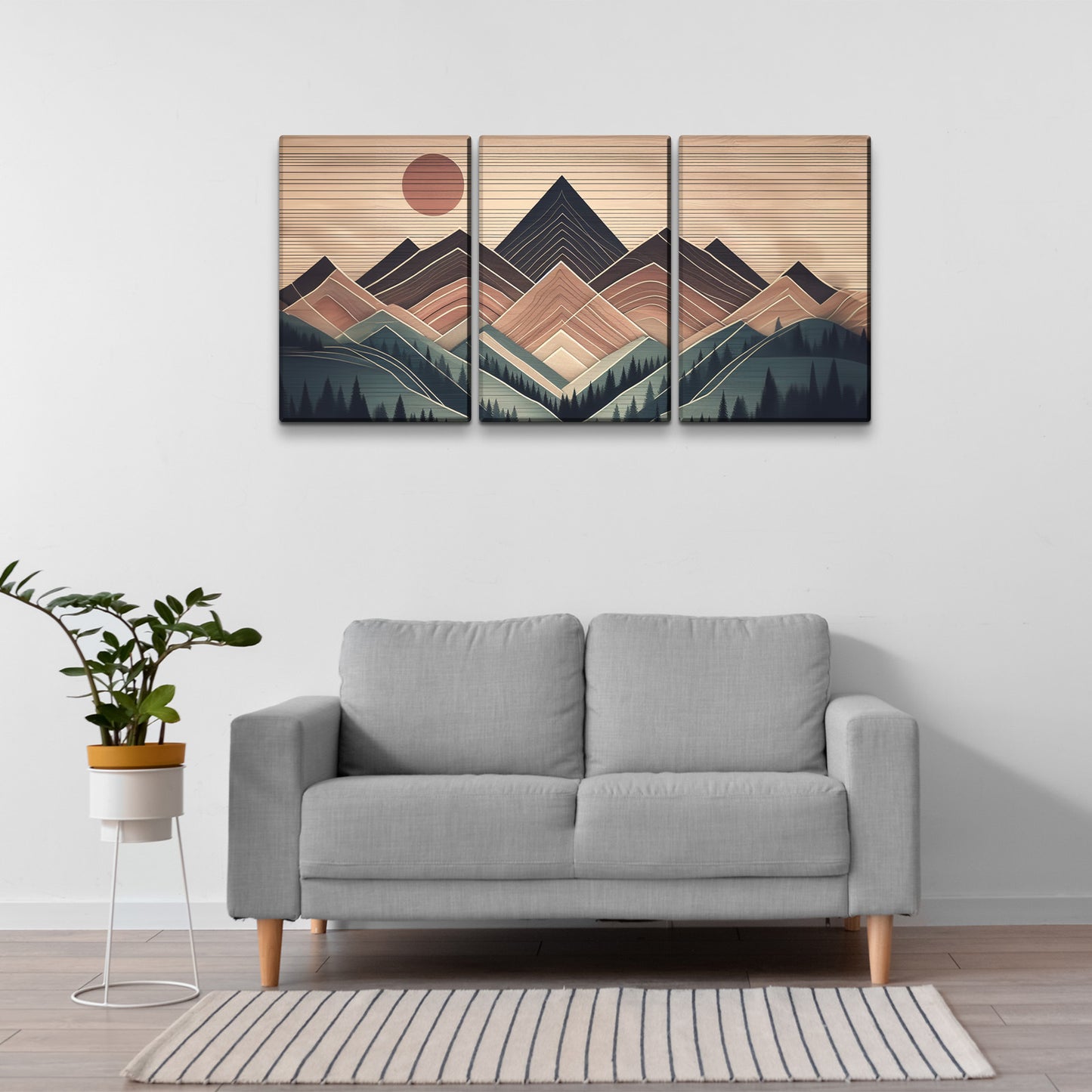 3 Panels Framed Abstract Wood Grain Boho Style Mountain & Forest Canvas Wall Art Decor,3 Pieces Mordern Canvas Decoration Painting for Office,Dining room,Living room, Bedroom Decor-Ready to Hang