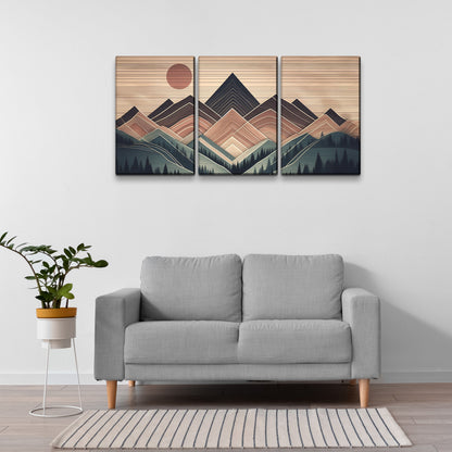 3 Panels Framed Abstract Wood Grain Boho Style Mountain & Forest Canvas Wall Art Decor,3 Pieces Mordern Canvas Decoration Painting for Office,Dining room,Living room, Bedroom Decor-Ready to Hang