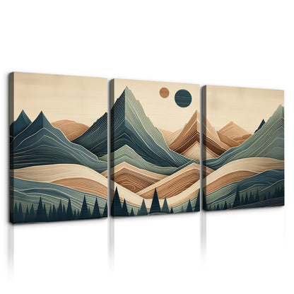 3 Panels Framed Abstract Wood Grain Boho Style Mountain & Forest Canvas Wall Art Decor,3 Pieces Mordern Canvas Decoration Painting for Office,Dining room,Living room, Bedroom Decor-Ready to Hang