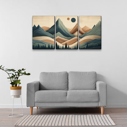 3 Panels Framed Abstract Wood Grain Boho Style Mountain & Forest Canvas Wall Art Decor,3 Pieces Mordern Canvas Decoration Painting for Office,Dining room,Living room, Bedroom Decor-Ready to Hang