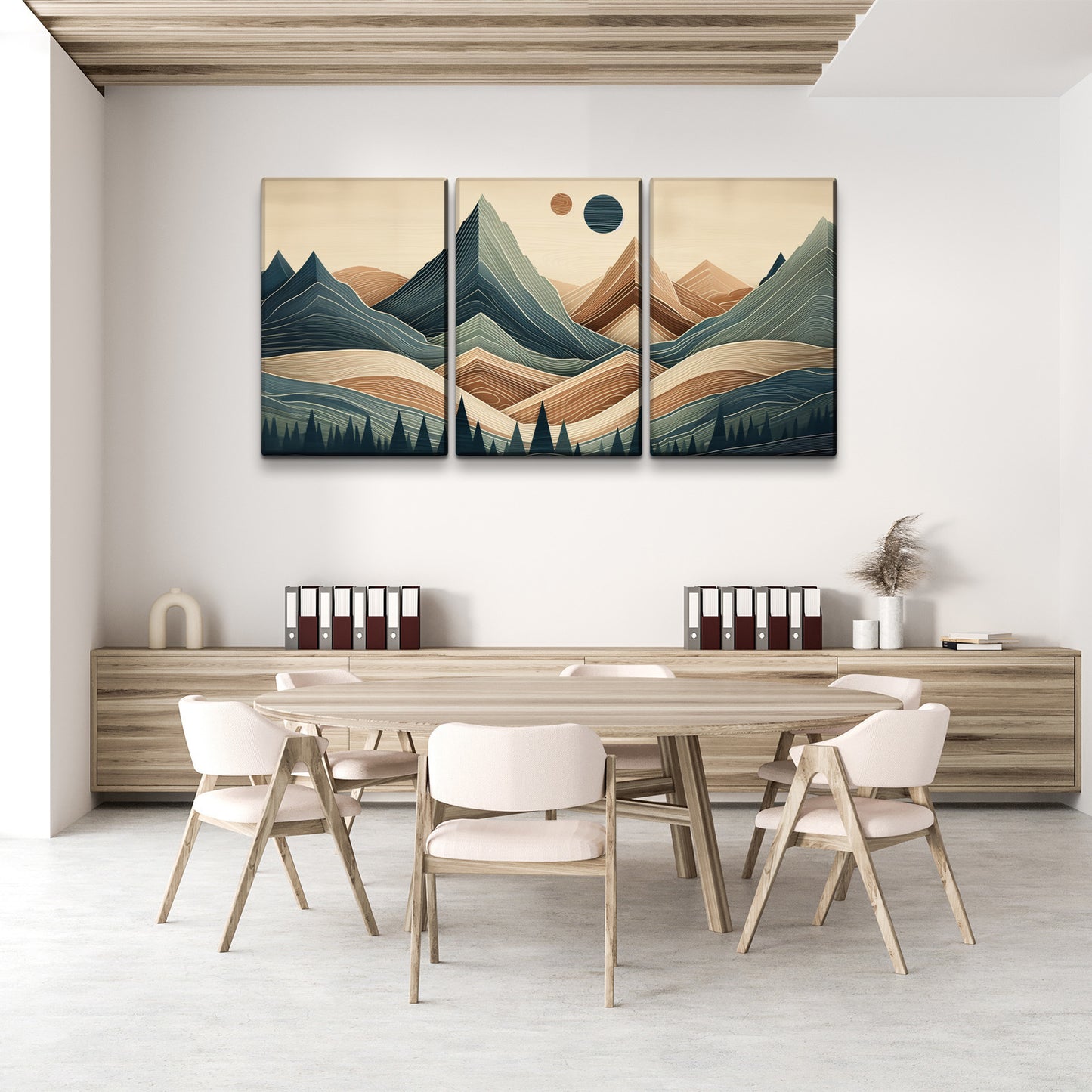 3 Panels Framed Abstract Wood Grain Boho Style Mountain & Forest Canvas Wall Art Decor,3 Pieces Mordern Canvas Decoration Painting for Office,Dining room,Living room, Bedroom Decor-Ready to Hang