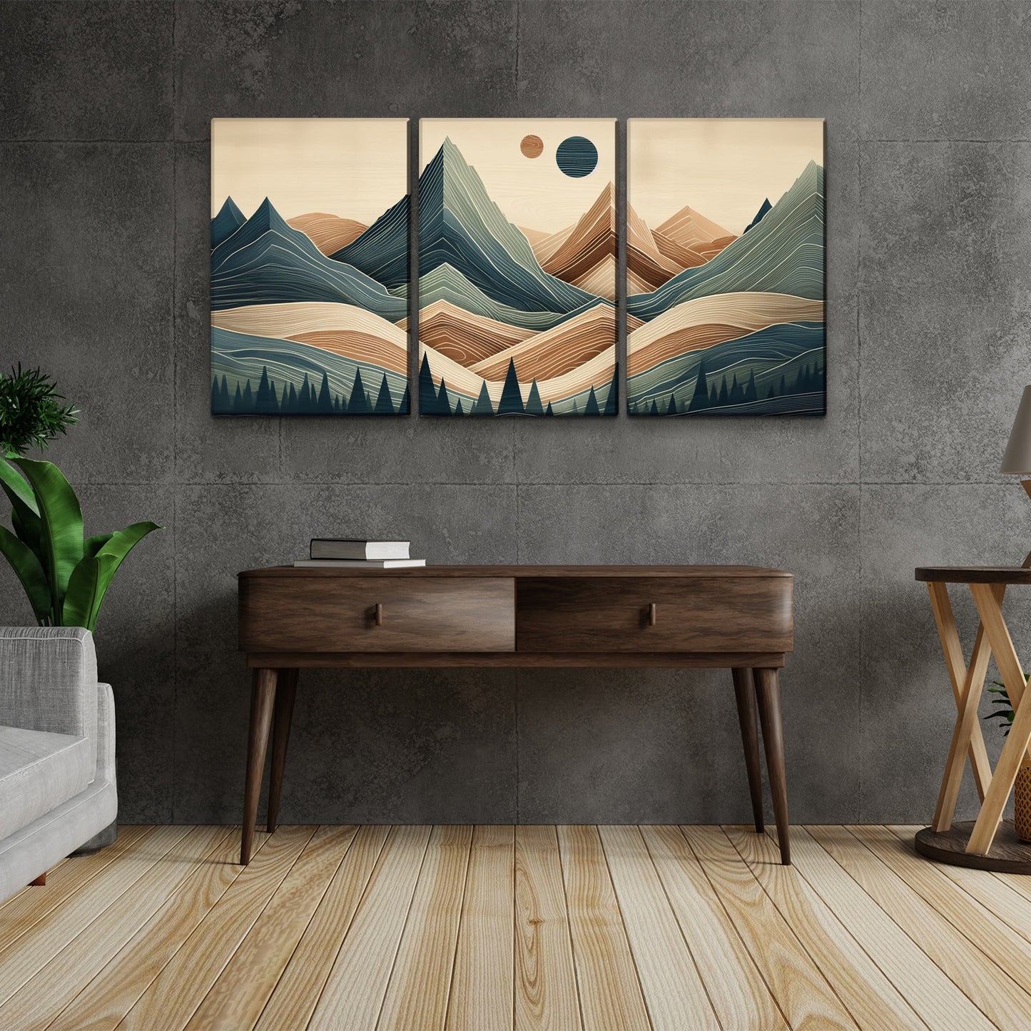 3 Panels Framed Abstract Wood Grain Boho Style Mountain & Forest Canvas Wall Art Decor,3 Pieces Mordern Canvas Decoration Painting for Office,Dining room,Living room, Bedroom Decor-Ready to Hang