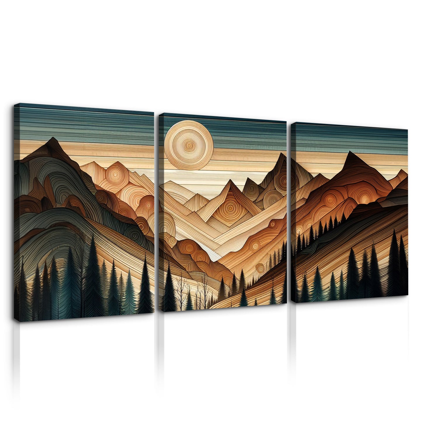 3 Panels Framed Abstract Wood Grain Boho Style Mountain & Forest Canvas Wall Art Decor,3 Pieces Mordern Canvas Decoration Painting for Office,Dining room,Living room, Bedroom Decor-Ready to Hang