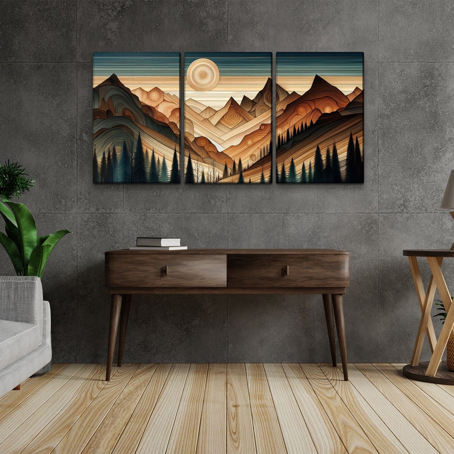 3 Panels Framed Abstract Wood Grain Boho Style Mountain & Forest Canvas Wall Art Decor,3 Pieces Mordern Canvas Decoration Painting for Office,Dining room,Living room, Bedroom Decor-Ready to Hang