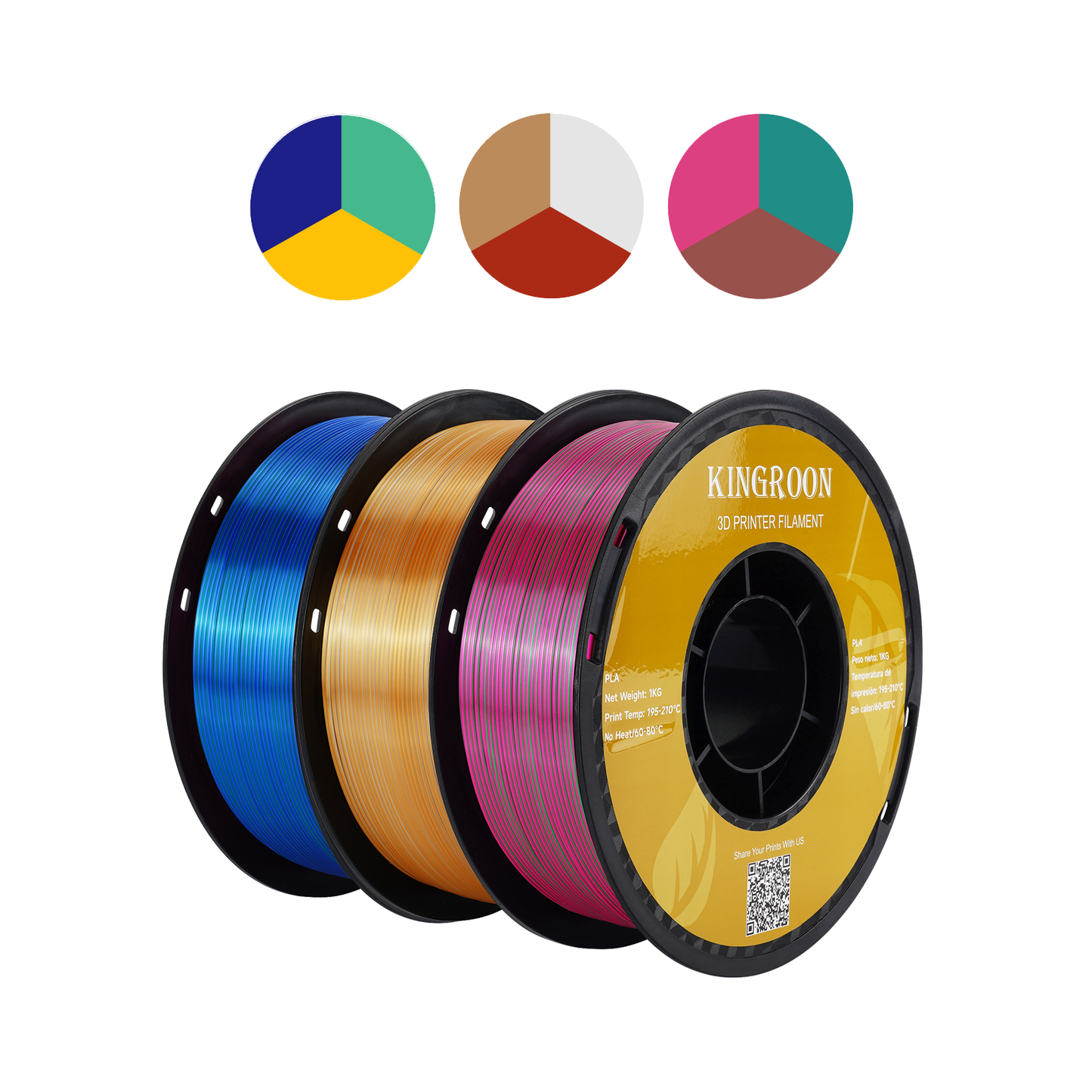 KINGROON 3KG Tricolor Silk PLA Filament 1.75mm Vacuum Package No Bubble High Quality DIY 3D Printing Material For FDM 3D Printer