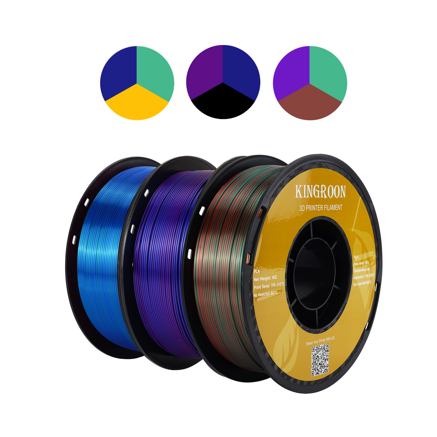 KINGROON 3KG Tricolor Silk PLA Filament 1.75mm Vacuum Package No Bubble High Quality DIY 3D Printing Material For FDM 3D Printer