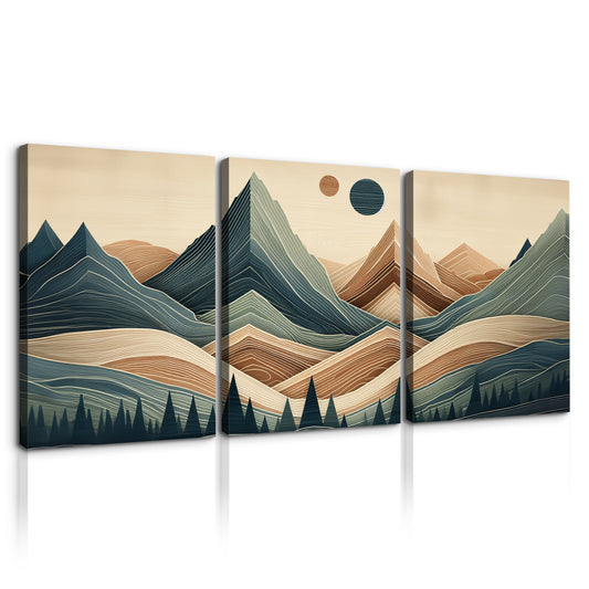 3 Panels Framed Abstract Wood Grain Style Mountain & Forest Canvas Wall Art Decor,3 Pieces Canvas Decoration Painting for Office,Dining room,Living room, Bedroom Decor-2436in-thickness 1.5inch