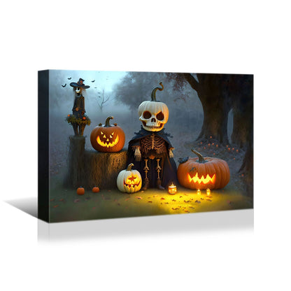 1pcs Drop-Shipping Framed Canvas Wall Art Decor Painting For Halloween, Skeleton with Jack-o-lanterns Painting For Halloween Gift,3624in- Thickness 1.5inch