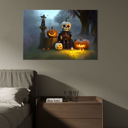 1pcs Drop-Shipping Framed Canvas Wall Art Decor Painting For Halloween, Skeleton with Jack-o-lanterns Painting For Halloween Gift,3624in- Thickness 1.5inch