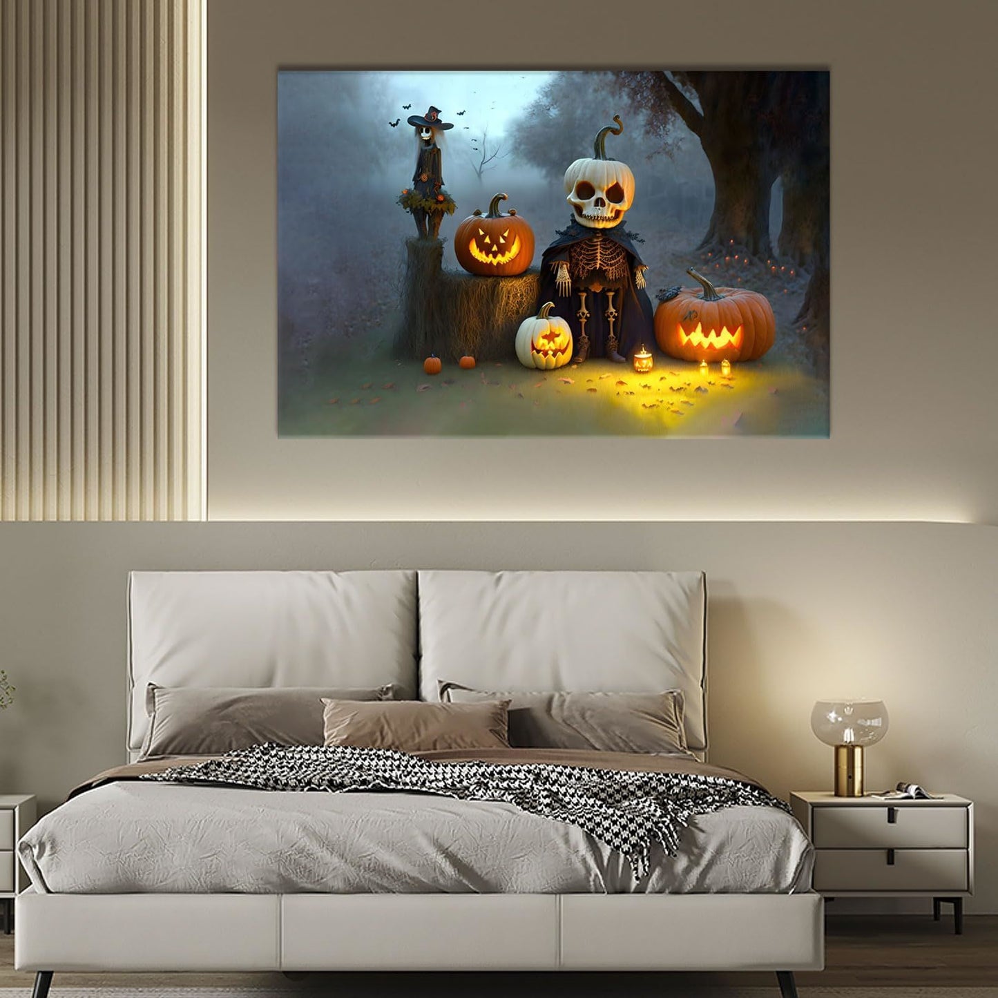 1pcs Drop-Shipping Framed Canvas Wall Art Decor Painting For Halloween, Skeleton with Jack-o-lanterns Painting For Halloween Gift,3624in- Thickness 1.5inch