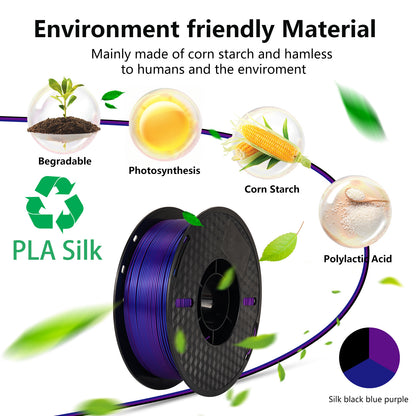 Silk PLA Multicolor Tricolor 1.75mm 1KG Spool(2.2lbs) Smooth Silky Glossy Finish Eco-Friendly Filament Fit Most FDM 3D Printers