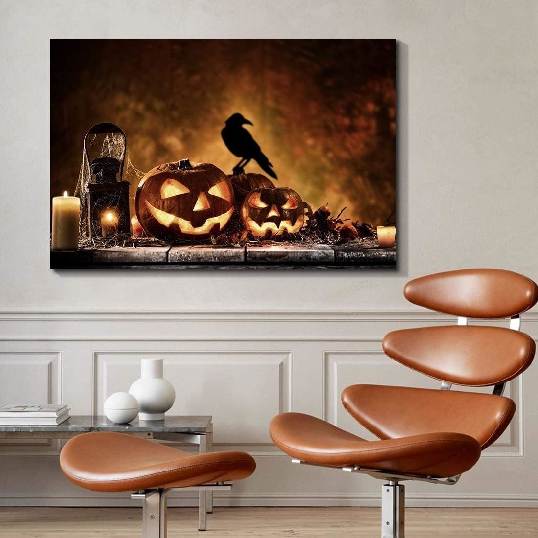 1pcs Drop-Shipping Framed Canvas Wall Art Decor Painting For Halloween, Jack-o-lanterns Painting For Halloween Gift, Decoration For Halloween Living Room, Bedroom Decor-4028in- Thickness 1.5inch