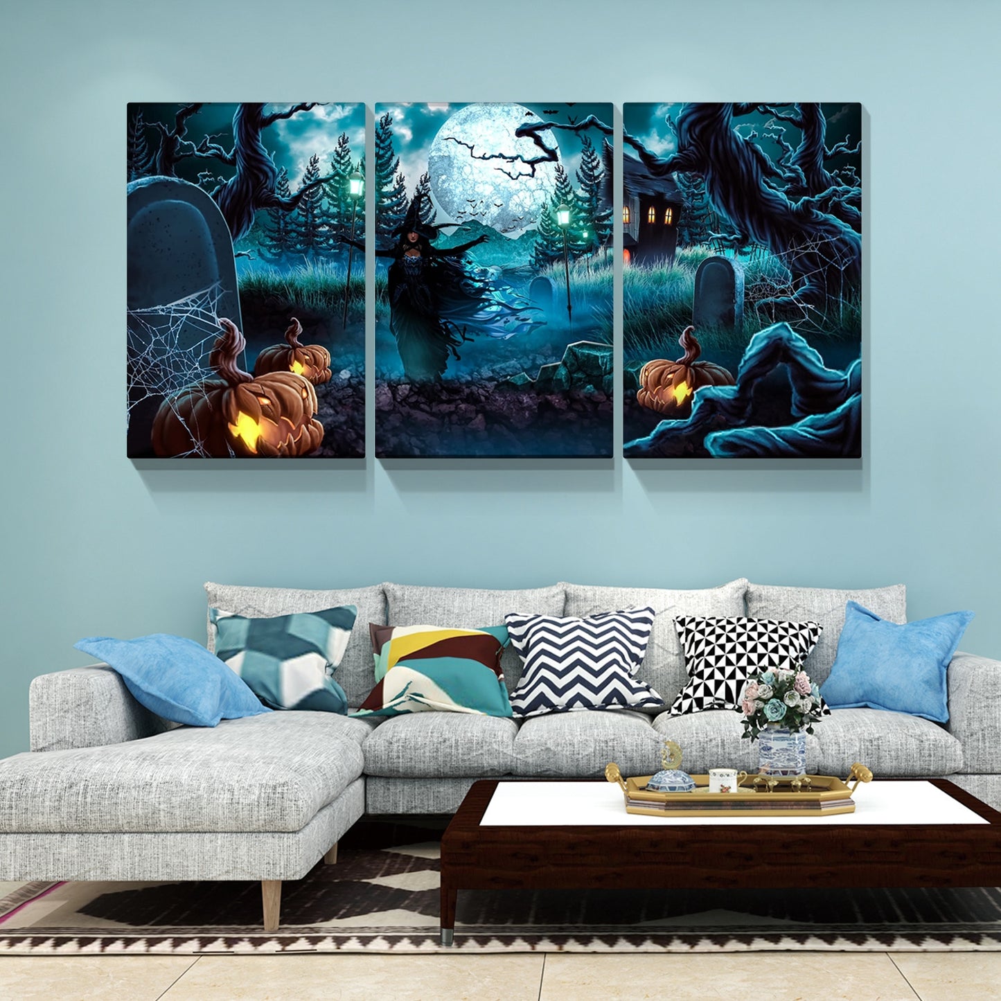 3 pcs Halloween Wall Decor Wall Art with Lights Halloween Decorations with Spooky Pumpkins for Party Living Room Decorative Wall Art 2436inch-Thickness 1.5inch