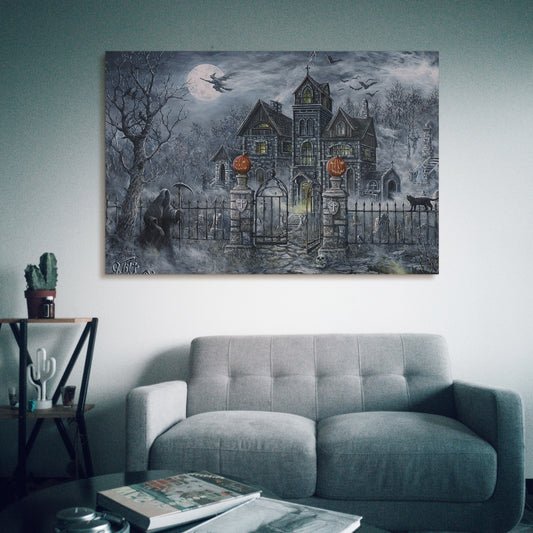 1pcs Drop-Shipping Framed Canvas Wall Art Decor Painting For Halloween, Haunted Ghost Hause Painting For Halloween Gift,3624in- Thickness 1.5inch