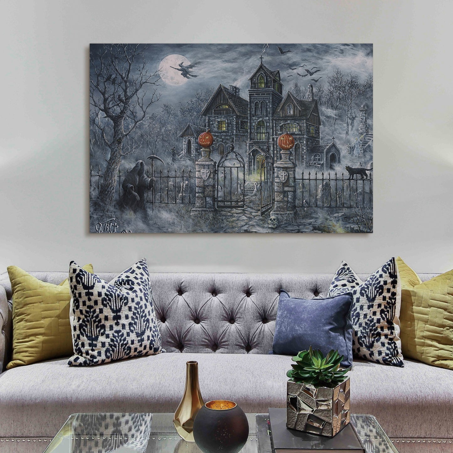 1pcs Drop-Shipping Framed Canvas Wall Art Decor Painting For Halloween, Haunted Ghost Hause Painting For Halloween Gift,3624in- Thickness 1.5inch