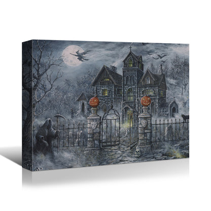 1pcs Drop-Shipping Framed Canvas Wall Art Decor Painting For Halloween, Haunted Ghost Hause Painting For Halloween Gift,3624in- Thickness 1.5inch