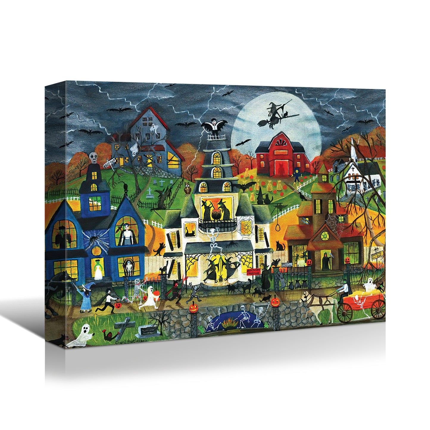 1pcs Drop-Shipping Framed Canvas Wall Art Decor Painting For Halloween, Haunted Ghost Town Painting For Halloween Gift,3624in- Thickness 1.5inch