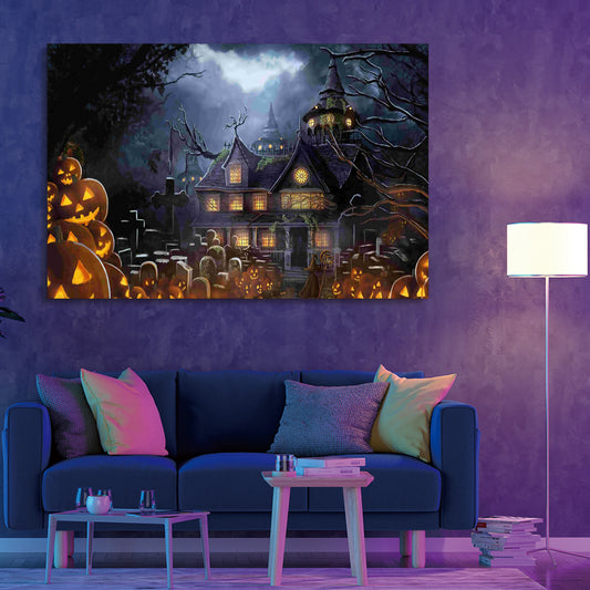 1pcs Drop-Shipping Framed Canvas Wall Art Decor Painting For Halloween, Haunted Jack-o-lanterns Farm Painting For Halloween Gift,3624in- Thickness 1.5inch