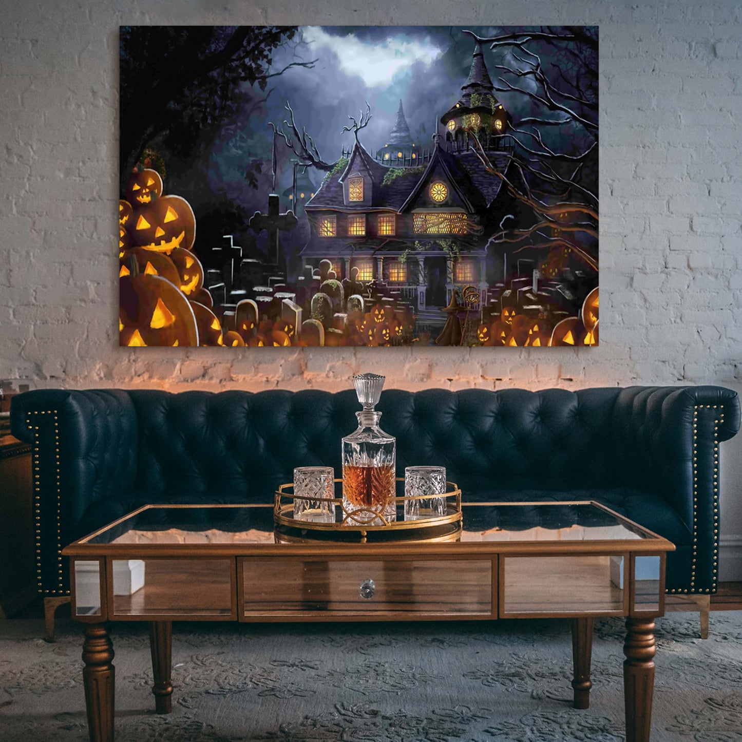 1pcs Drop-Shipping Framed Canvas Wall Art Decor Painting For Halloween, Haunted Jack-o-lanterns Farm Painting For Halloween Gift,3624in- Thickness 1.5inch