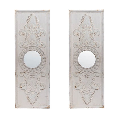 Set of 2 Large Wooden Wall Art Panels with Distressed White Finish and Round Mirror Accents,17" x 48"