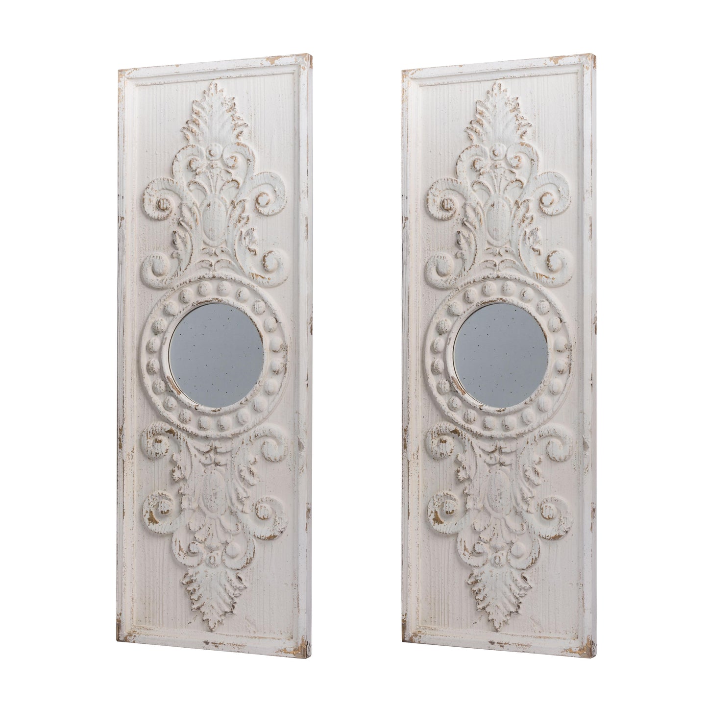 Set of 2 Large Wooden Wall Art Panels with Distressed White Finish and Round Mirror Accents,17" x 48"