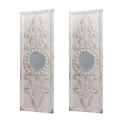 Set of 2 Large Wooden Wall Art Panels with Distressed White Finish and Round Mirror Accents,17" x 48"