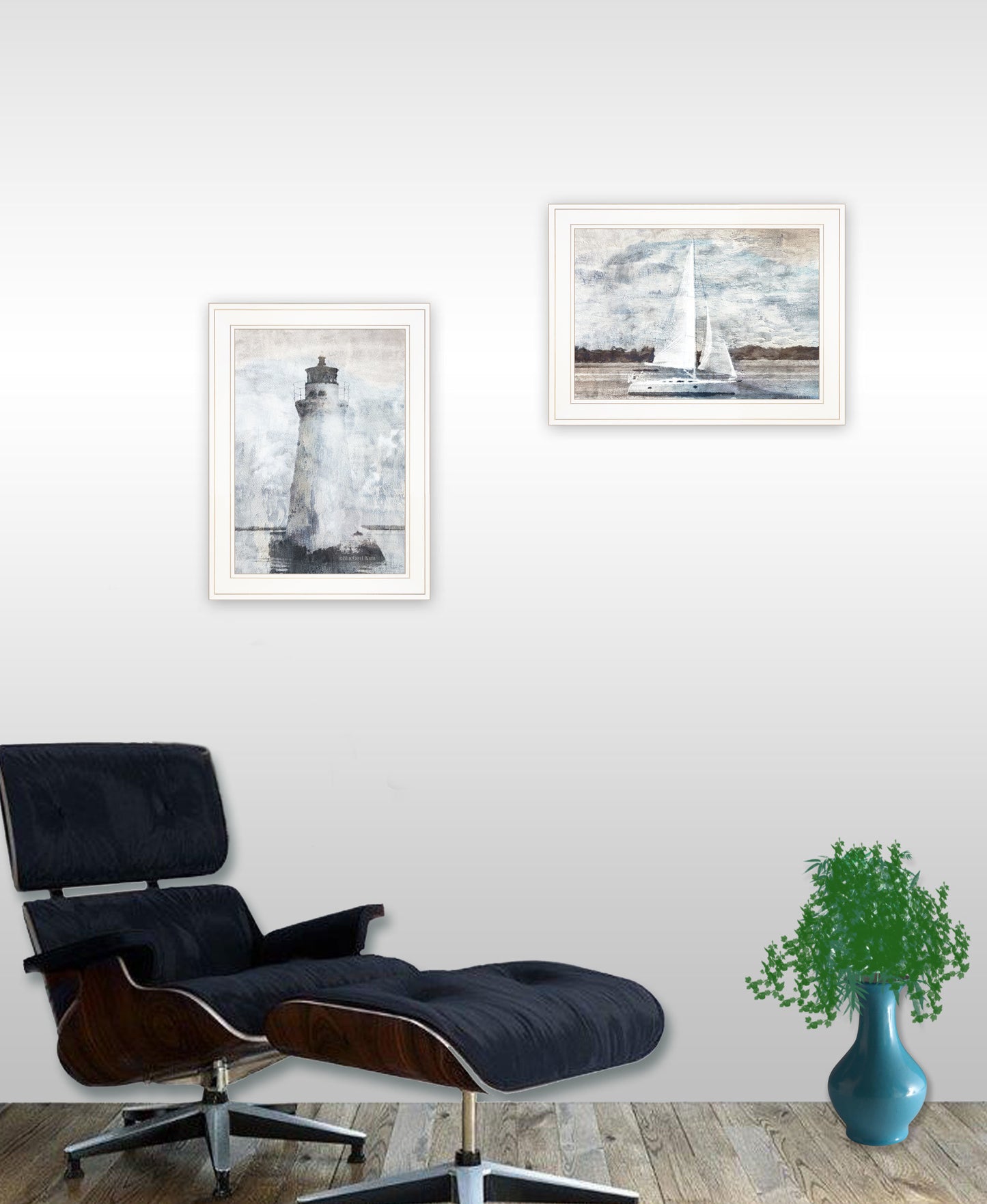 "Lighthouse Sailboat" 2-Piece Vignette By Bluebird Barn, Ready to Hang Framed Print, White Frame