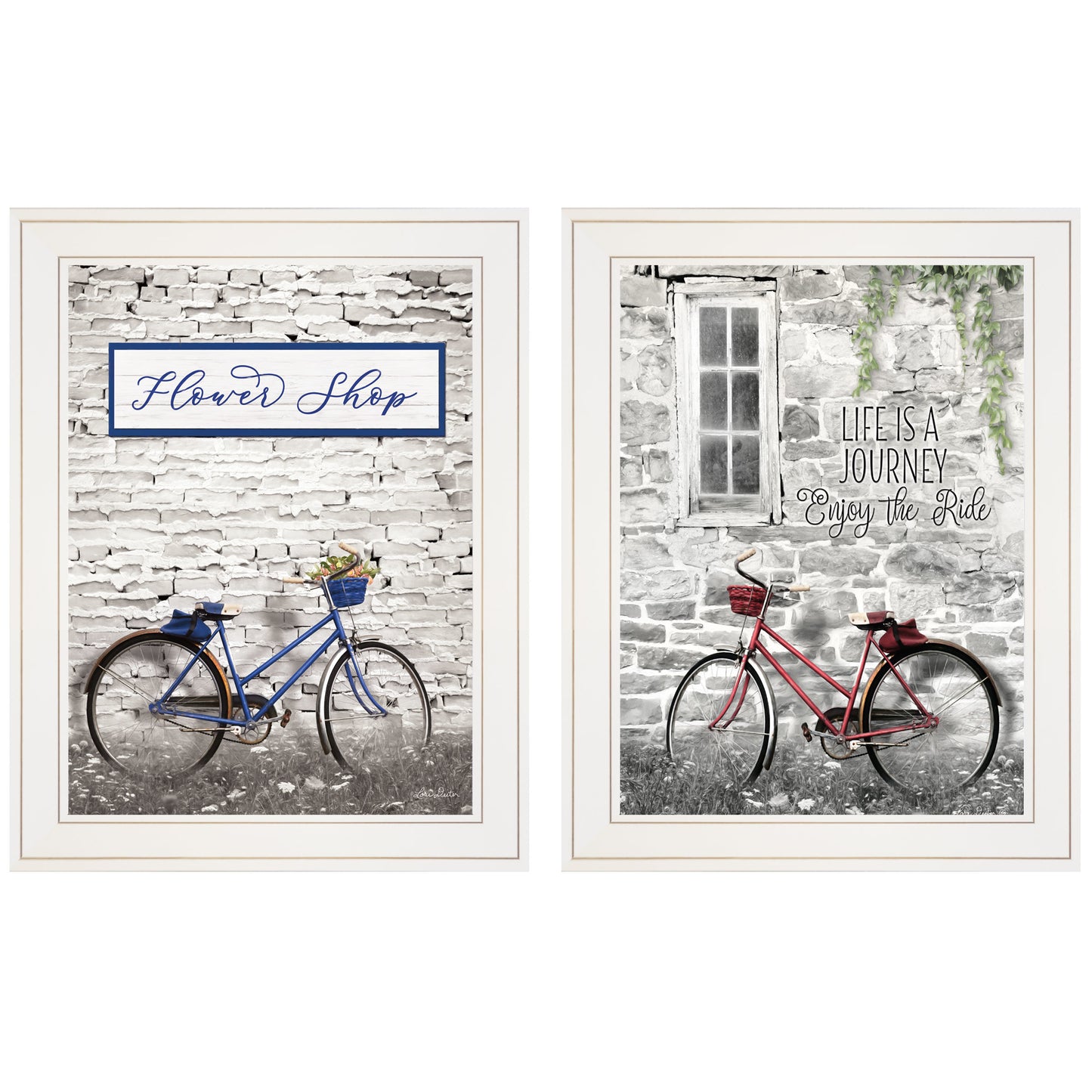 "Romantic Bicycles" 2-Piece Vignette by Lori Deiter, White Frame