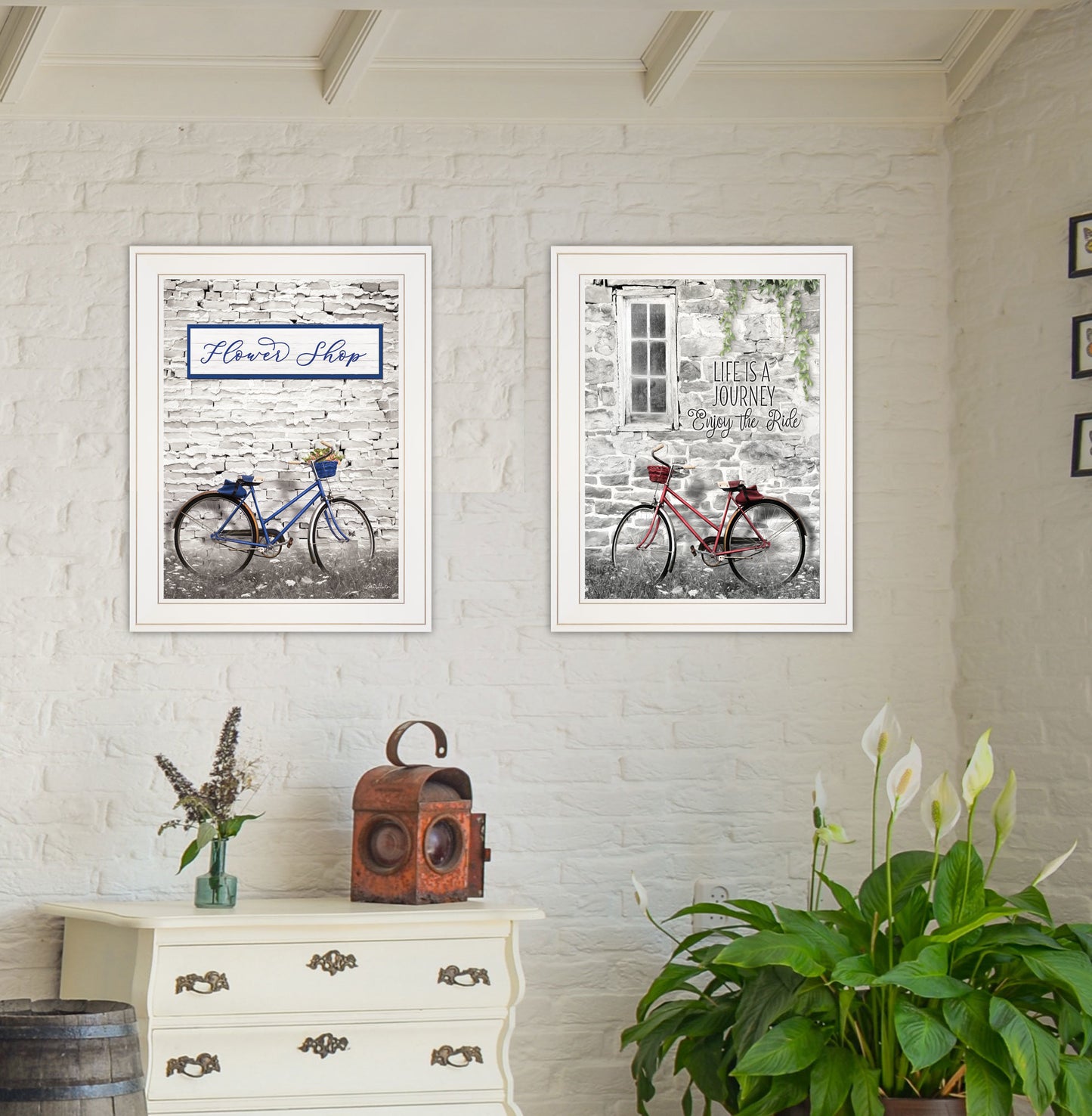 "Romantic Bicycles" 2-Piece Vignette by Lori Deiter, White Frame