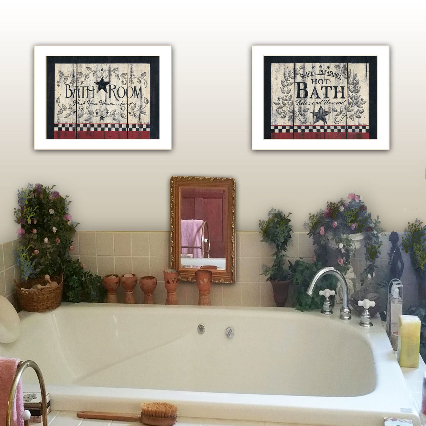 "Hot Bath" 2-Piece Vignette by Linda Spivey, White Frame